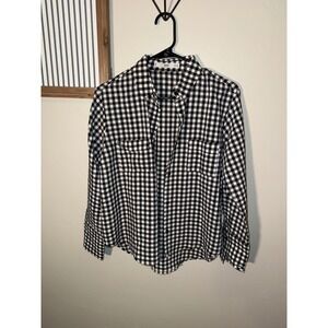 Mango Basics Womens XXS Gingham Button Down Shirt Black White Long Sleeve‎